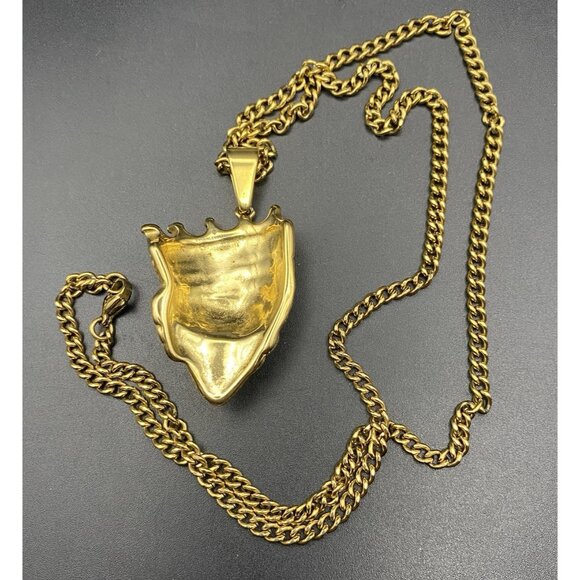 Lion Head Crown Hip Hop Gold Tone 2.25" Pendant Rhinestones 24" Curb Link Chain - Picture 4 of 6